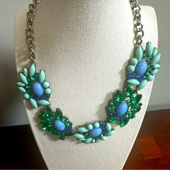 J Crew Blue Green Statement Necklace Retro Summer Casual Resort Preppy Vacation - Picture 2 of 9
